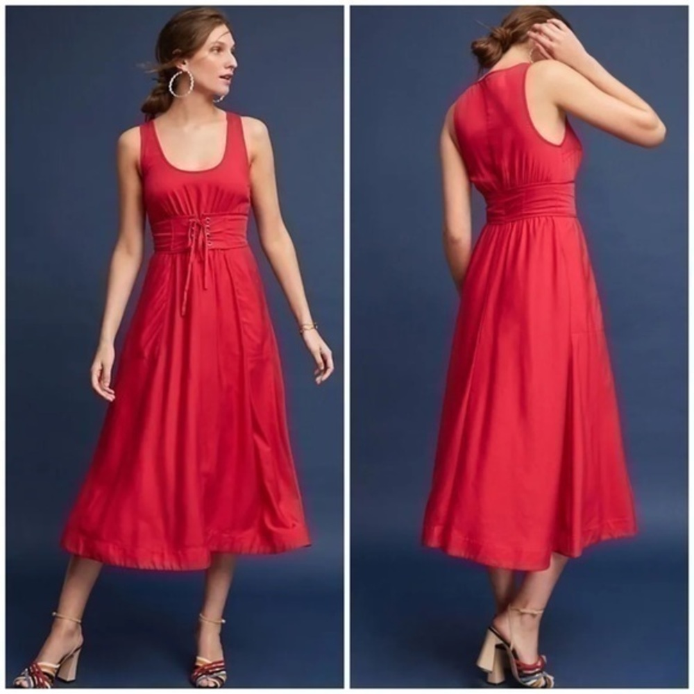 💋Anthropologie plenty by Tracy corset tie front midi dress